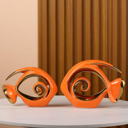 Orange Gold Ceramic Fish Figurines - Coastal Home Decor, Modern Ocean Centerpieces for Living Room, Dining Area, Bathroom, Office, Coffee Table, Beach House, Nautical, Seaside, Entrance, Shelf Display