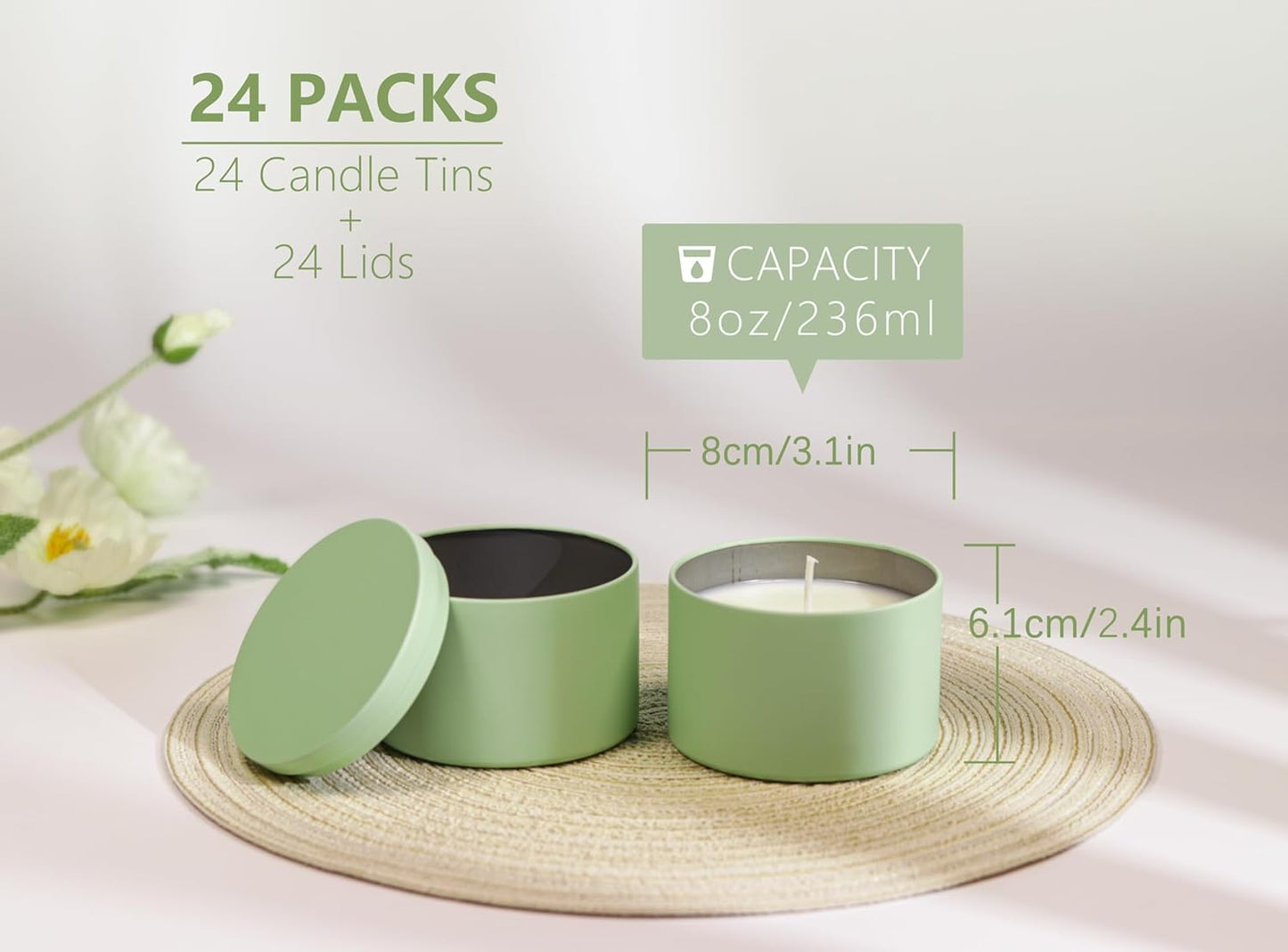 Aroparc Candle Tins 8oz with Lids, 24 Pack Seamless Bulk Candle Containers for Candle Making Supplies Empty Candle Jars - Mint