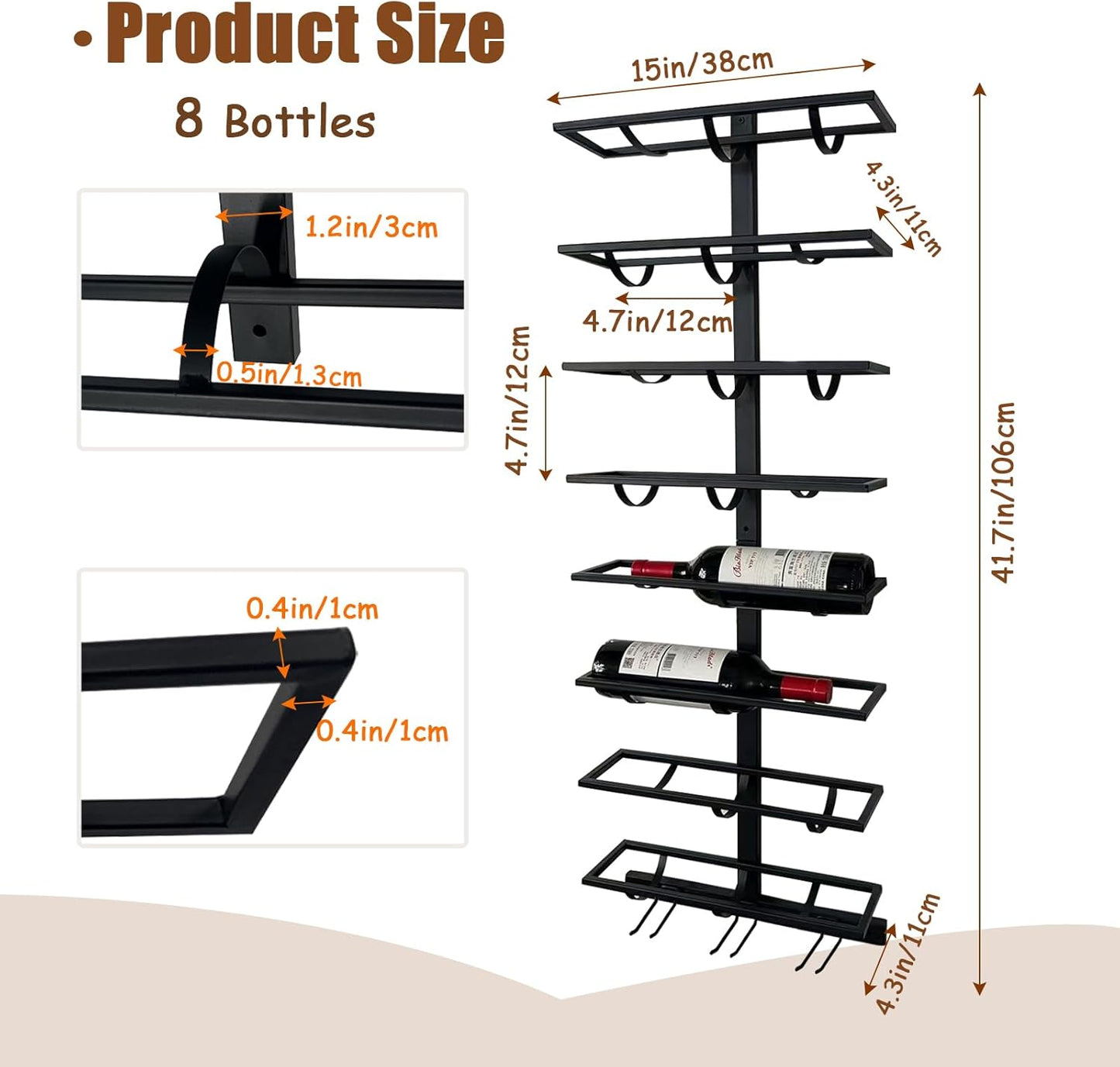 8 Bottle Wall Mount Wine Rack with Wine Glass Holder, Metal Wine Wall Rack, Wall Racks for Wine Bottles Display and Storage, Hanging Bottle Organizer for Living Dining Room Wine Cellar Bar (Black）