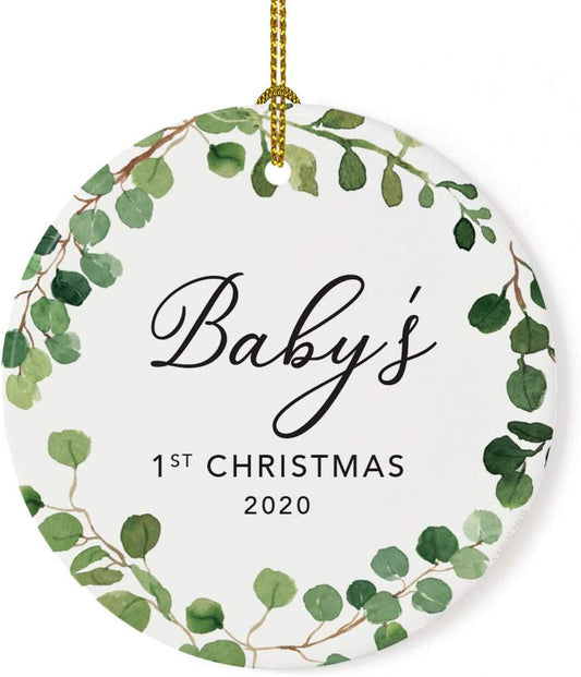 Andaz Press Custom Year Round Ceramic Porcelain Christmas Tree Ornament Keepsake Collectible Gift, Baby's 1st Christmas 2025, Farmhouse Eucalyptus Wreath, 1-PackBaby Shower New Mom Gift Ideas
