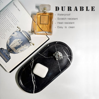 JINGJU Black Root Marble Oval Tray 10x5inches, Natural Stone Decorative Tray for Jewelry, Candle, Bathroom Counter, Coffee Table