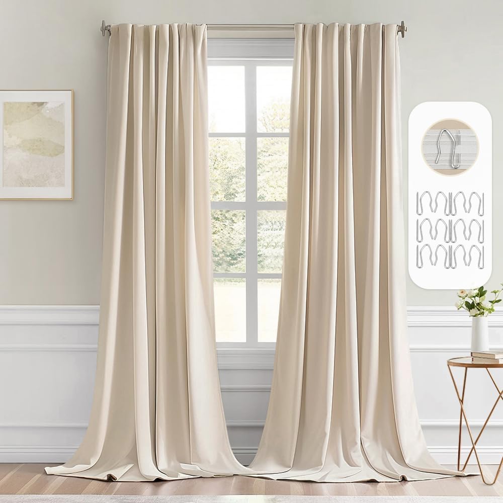 MIULEE Back Tab Cream Beige Curtains 102 Inch Long 2 Panels Set for Living Room Bedroom, Ivory Rod Pocket/Pinch Pleated Light Blocking Thermal Insulated Room Darkening Floor to Ceiling Blackout Drapes
