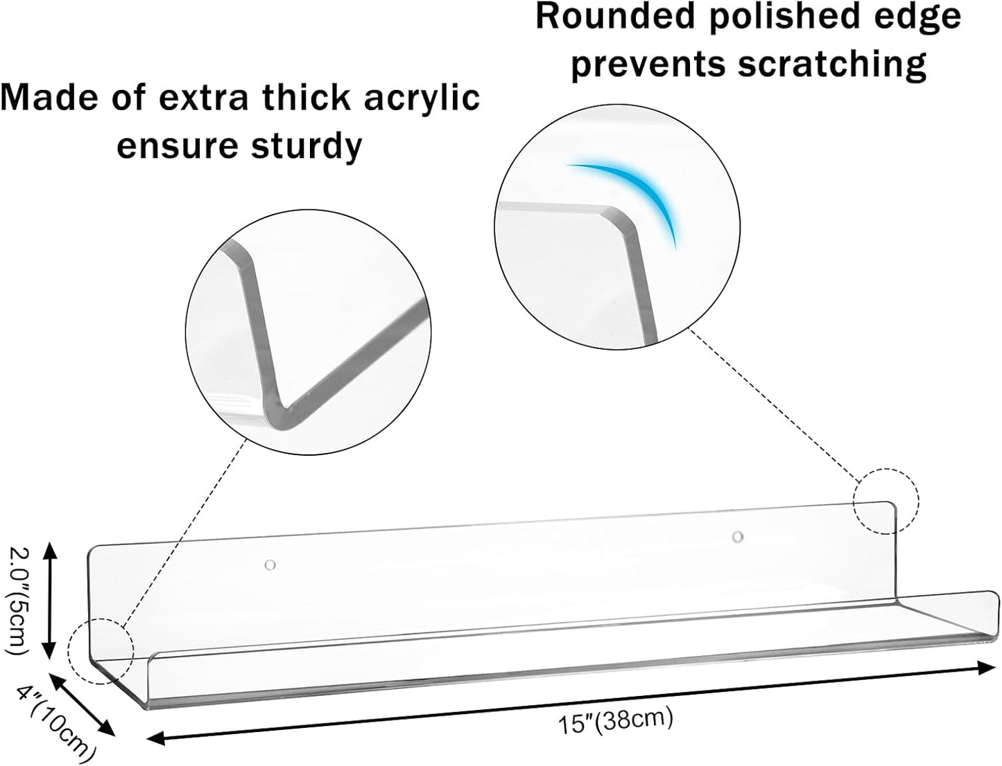 6 Pack Clear Acrylic Floating Shelves for Wall, 15'' Plastic Wall Mounted Display Shelf Kids Bookshelf and Spice Organizer for Bedroom, Living Room, Kitchen, Bathroom, Office