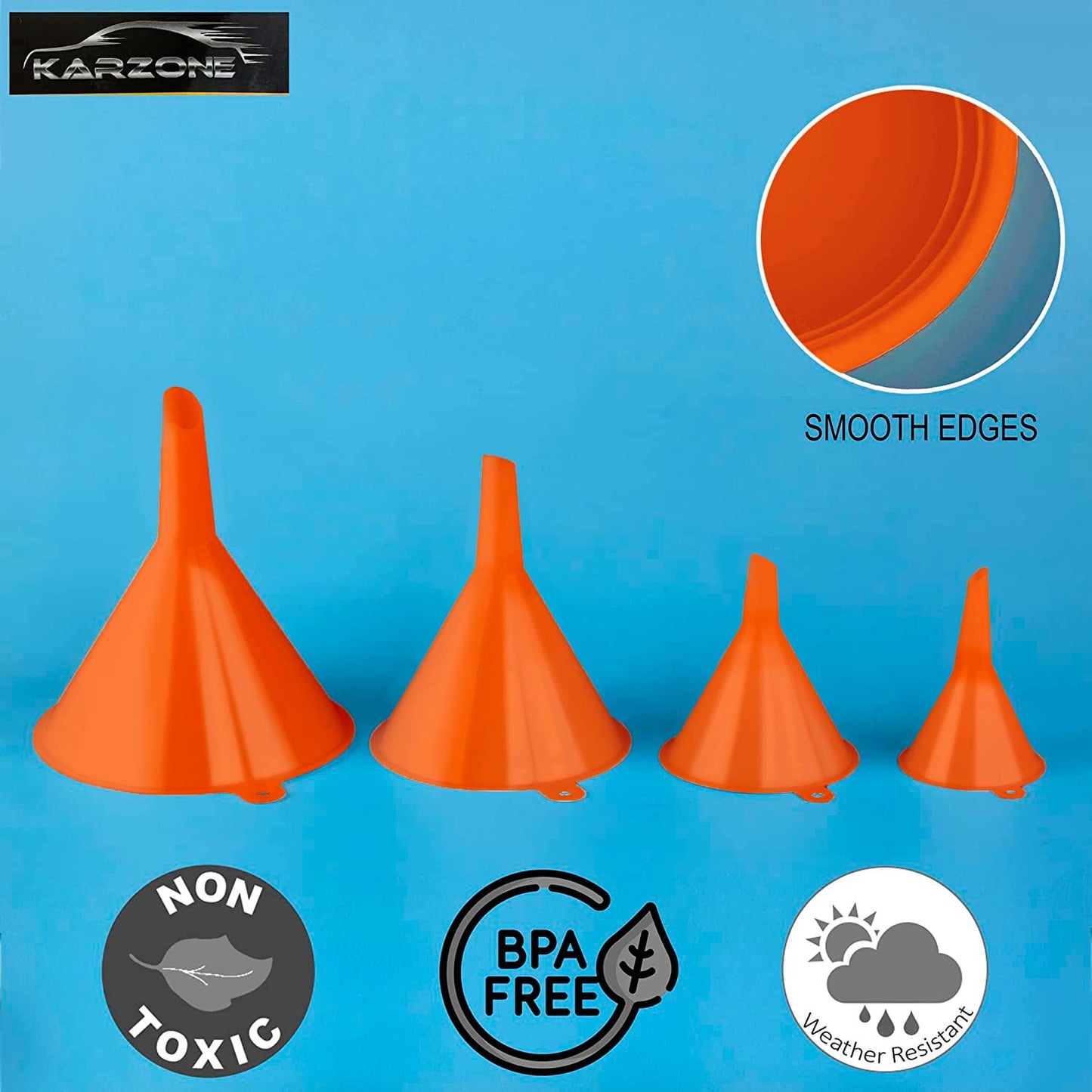 Oil Funnel Set (Orange, 4-Pack) – Plastic Funnels for Automotive Use – Funnels for Kitchen Use Filling Bottles and containers – Funnel for Water Bottles, Gas, Car Oil, Lubricants and Fluids