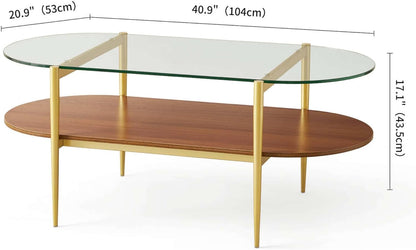 Oval Glass Coffee Table, Mid-Century Modern Design, L41 x W21 x H17 inch, for Living Room, 2-Tier Structure, Clear Glass Top and Walnut Finish Wood Shelf, Conical Legs with Gold Finish Frame