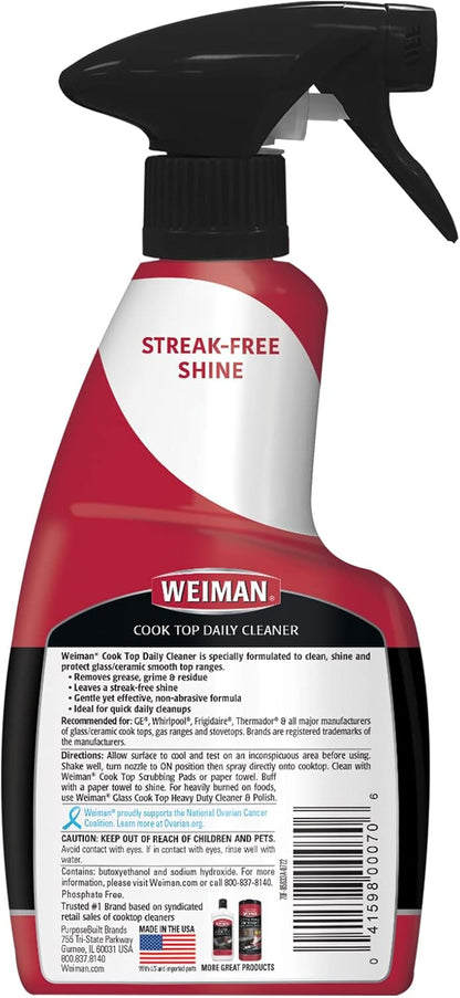 Weiman Glass Cooktop Cleaner & Polish For Daily Use on Ceramic, Induction Stove Top, Removes Grease & Oily Residue, Streak Free Shine, 12 oz, 2 Pack, Micro Fiber Buffing Towel