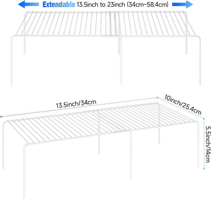 Expandable Storage Shelf, Pantry Organizers and Storage, Adjustable Rustproof Metal Wire Spice Rack, Space Saver Kitchen Storage Shelves for Pan, Pot, Countertop, Drawer, Fridge, Set of 2, White