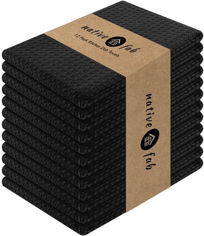 Native Fab Cotton Kitchen Towel with Hanging Loop 16x26 inches, 12-Pack, Waffle Weave Kitchen Towels for Cleaning Drying, Washcloths Soft & Absorbent Cloth Rags, Bar Towel, Dish Cloth, Black