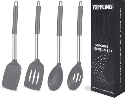 5-Piece Silicone Kitchen Tool Set, BPA-Free, Heat-Resistant, Non-Stick & Dishwasher-Safe, with Slotted/Solid Spoons & Spatulas for Frying, Mixing, Draining – Includes Multi-Purpose Serving Hook(Gray)