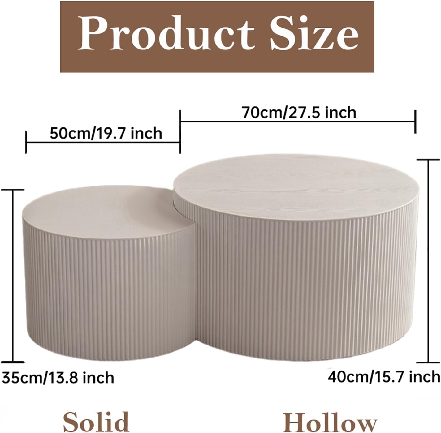 Round Nesting Coffee Table White Round Fluted Coffee Table Set of 2 for Living Room Small Circle Drum Coffee Tables Crescent End Table (White A 27in)