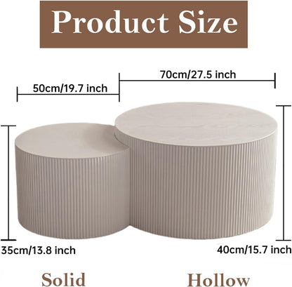 Round Nesting Coffee Table White Round Fluted Coffee Table Set of 2 for Living Room Small Circle Drum Coffee Tables Crescent End Table (White A 27in)