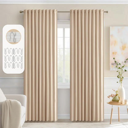 MIULEE Back Tab Beige Curtains 90 Inch Long 2 Panels Set for Living Room Bedroom Privacy, Cream Rod Pocket/Pinch Pleated Light Blocking Thermal Insulated Room Darkening Blackout Curtains, 52 x 90 Inch