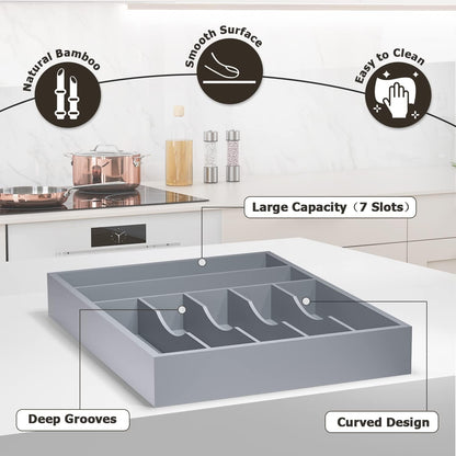 Utensil Organizer Silverware Drawer Organizer - 7 Slots Bamboo Utensil Tray Multifunctional Small Silverware Organizer for Kitchen Utensils, Garage Tools, Makeup Storage W13”x L17” (Grey)