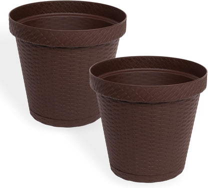 Elly Décor Set of 2 10 inch Round Saucer Modern Self Watering Planter Plates, Pots with Rattan-Like Finish, 10x10 chococlate Brown