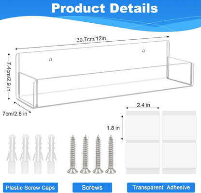 Acrylic Spice Rack Wall Mount-12 Inch, Clear Spice Shelf Storage Holder, 4 Pack Hanging Seasoning Rack Organizer for Cabinet Door, Cupboard or Wall Kitchen (Adhesive or Screw)