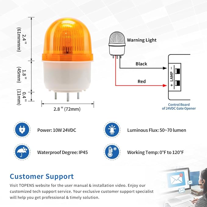 TOPENS JD24VY 24V Warning Light Emergency Flashing Safety Strobe Beacon Amber/Yellow Alarm Lamp Siren Blinker Halogen Tungsten Lamp for Gate Openers, Emergency and Construction Vehicles