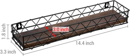 MyGift 14 Inch Wall Mounted Kitchen Spice Racks, Rustic Burnt Solid Wood and Black Metal Wire Geometric Hanging Organizers for Seasoning Jars or Condiment Bottles, Set of 3