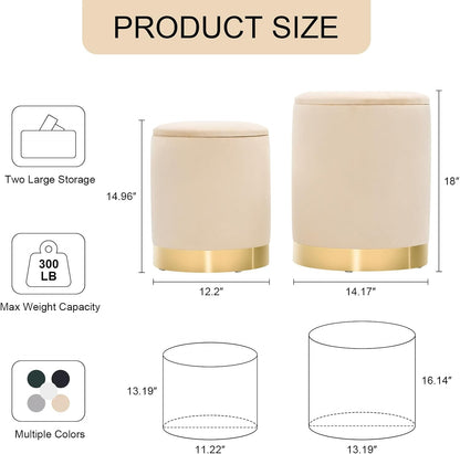 Round Ottoman with Storage Set of 2, Upholstered Velvet Storage Ottomans, Vanity Stool, Multifunctional Ottomans, Coffee Table Foot Rest Ottoman for Living Room Bedroom, Khaki