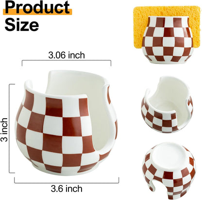 Checkered Sponge Holder for Kitchen Sink Counter, Ceramic Dish Sponge Caddy White Sink Organizer Dish Rack Farmhouse Brush Holder for Bathroom, Brown and White