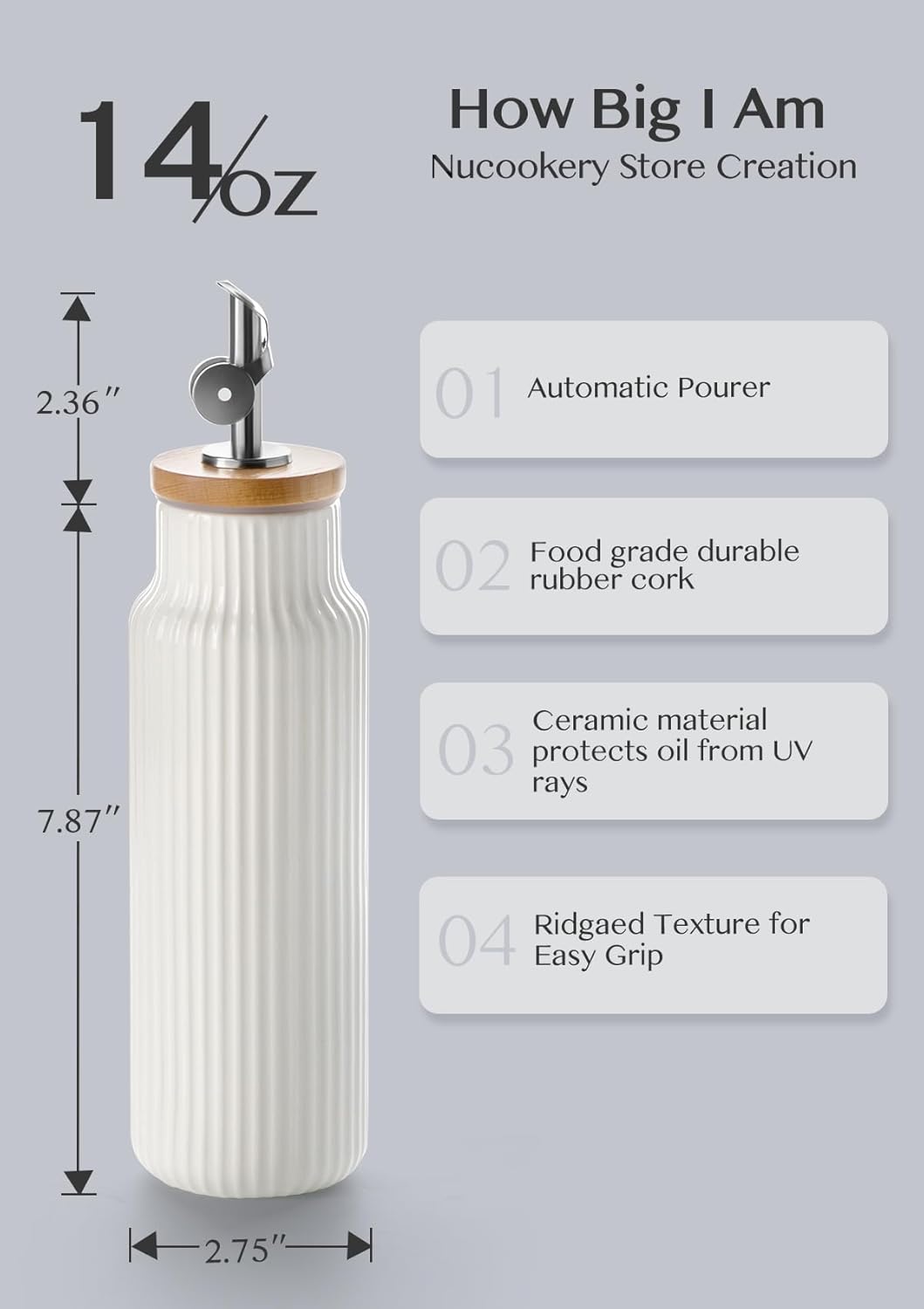 Nucookery Ceramic Olive Oil Dispenser Bottle for Kitchen, 14 oz Opaque Vinegar Dispenser Bottle, Large Capacity Cooking Oil Container for Storage Vinegar, Soy Sauce, Coffee Syrup, White
