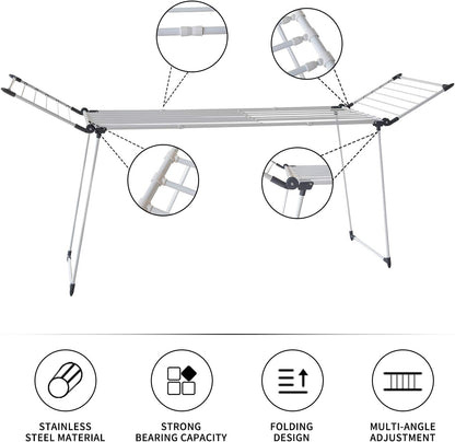 Clothes Drying Rack, Gullwing Laundry Rack Adjustable and Foldable for Easy Storage Indoor and Outdoor, White & Gray