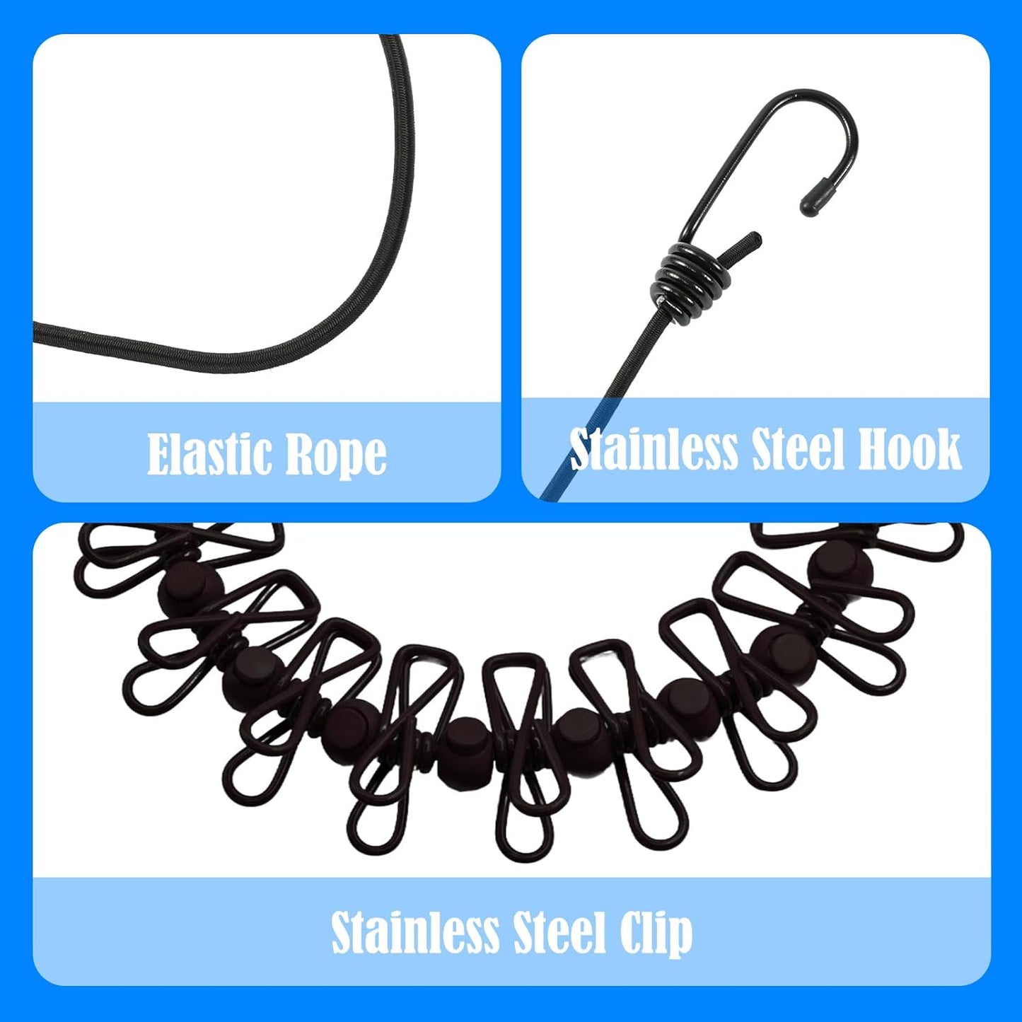 2 Pack Camping Clothesline Portable 12 Clothespins, Black Camping Accessories Travel Clothesline for Outdoor Indoor, Retractable Clothes Line Elastic Clothesline for Camper Hotel Room