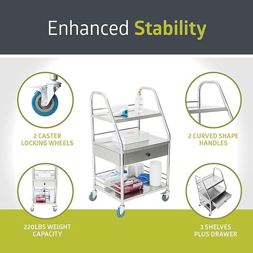 Pearington Rolling Medical and Lab Cart with 3 Shelves & Drawer, Transportable Workstation, Stainless Steel Mobile Storage Cart for Clinic, Salon, and More, 21.22'' L x 17.29'' W