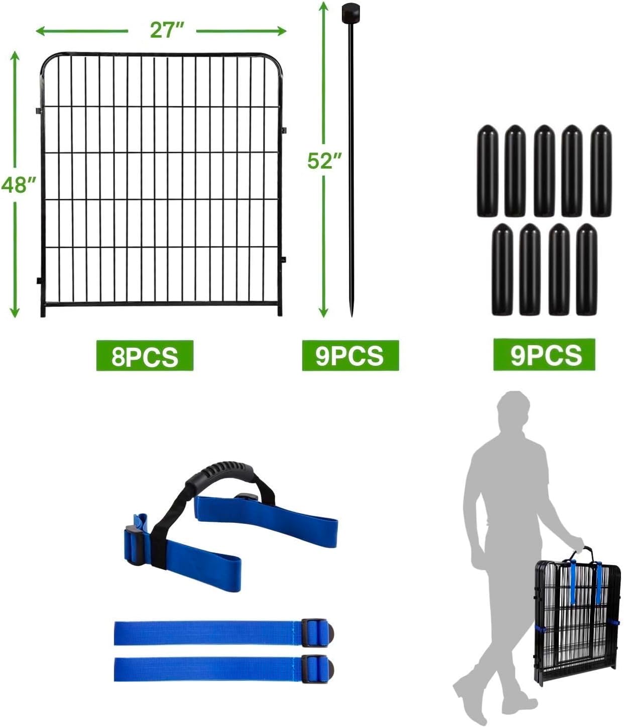 ADAVIN 48 in(H) Garden Fence without Gate, 8 Panels Total 17.7 Ft(L), Dog Fence Outdoor For Yard, Fencing for garden beds, Dog Digging Fences Barrier, Black Iron Metal Heavy Flowers Fences and Borders