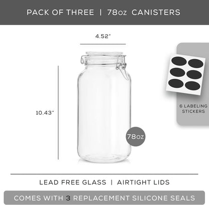 JoyJolt Airtight Glass Jars with Lids Set of 3. 78oz Glass Jar with Lid and 6 Silicone Seals! Large Glass Food Storage Containers. Square Mason Jar for Candy, Flour, Pasta Containers for Pantry