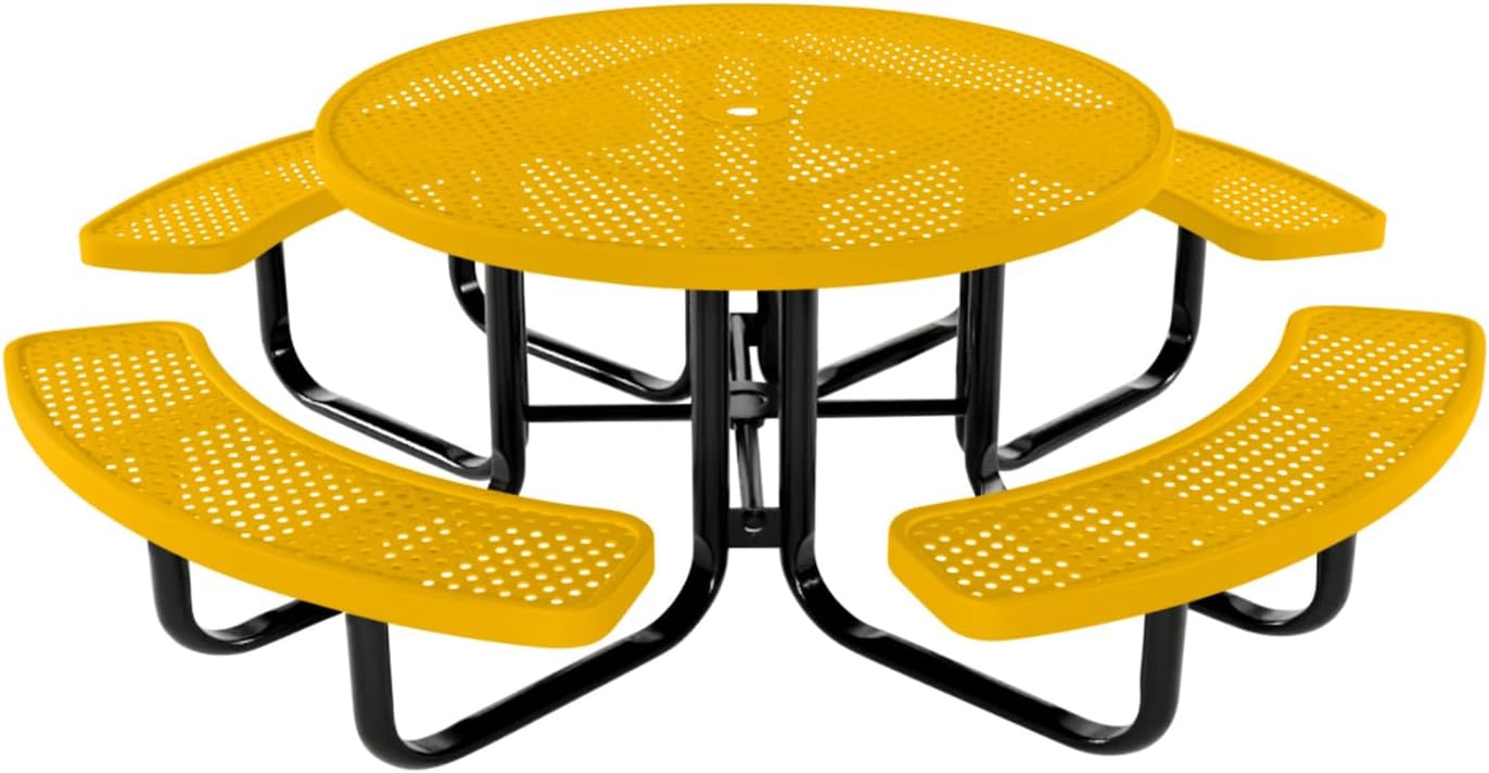Heavy-Duty Portable Outdoor Kids Table with Umbrella Hole, Punched Steel Kids Picnic Table, Commercial-Grade, Made in America (46 in, Round, Childrens, Textured Yellow)