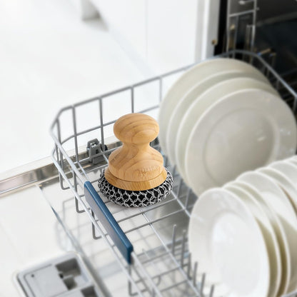 Cast Iron Scrubber and Scraper,Chain Mail Cleaner with Bamboo Handle & Draining Tray,316 Stainless Steel Brush for Cleaning Pots,Pans,Wok,Bakeware,Griddles, Grills(Small&Large ChainMail,2pcs)