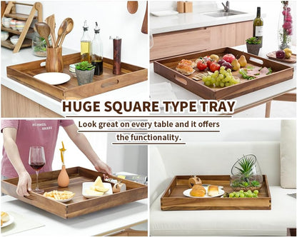 Extra Large Square Wood Tray, Generously 22" Acacia Serving Trays for Large Ottoman Coffee Table, Giant Square Shape Sofa Tray with Handles, Kitchen Organizer Storage Trays Huge Counter Serveware