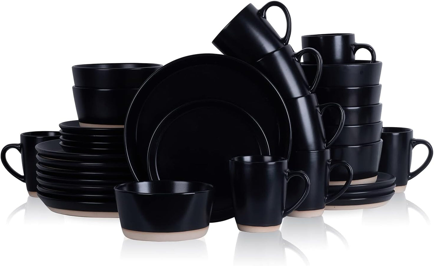 Stone Lain Jules Modern Stoneware 32-Piece Round Black Dinnerware Set, Plates and Bowls Sets, Dish Set for 8, Black