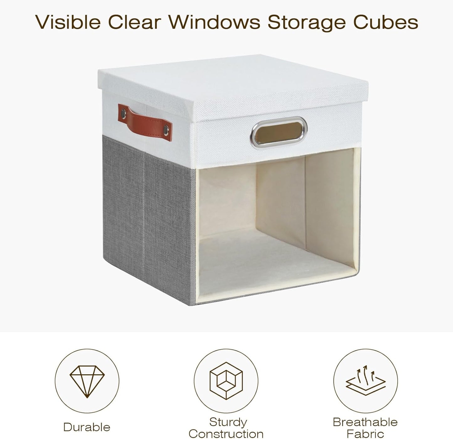 Fabric Storage Cubes with Clear Windows and Lids, 11'' Foldable Storage Bins with 3 Handles, Decorative Storage Boxes for Home, Bedroom, Closet, Office (Gray & White)