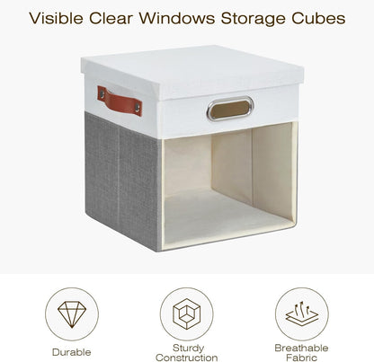 Fabric Storage Cubes with Clear Windows and Lids, 11'' Foldable Storage Bins with 3 Handles, Decorative Storage Boxes for Home, Bedroom, Closet, Office (Gray & White)