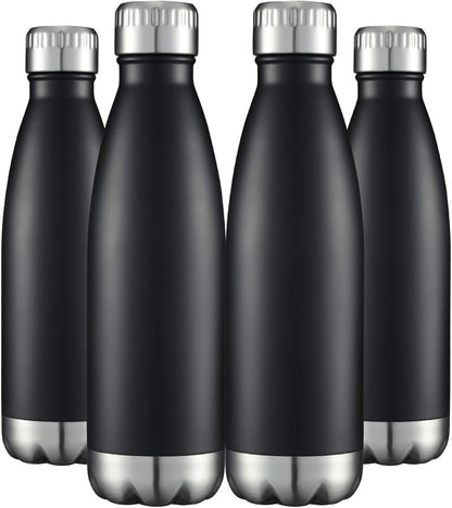 HASLE OUTFITTERS 17oz Stainless Steel Water Bottles Bulk, Vacuum Insulated Water Bottles Double Walled Reusable Metal Sports Water Bottles Keep Drinks Hot and Cold, Black, 4Packs