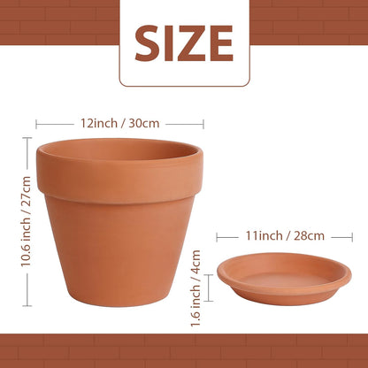 INGOFIN 12 Inch Terracotta Pot with Saucer - Ceramic Clay Pot for Plants with Drainage Hole, Large Terra Cotta Flower Planter with Tray for Indoor Outdoor Plants
