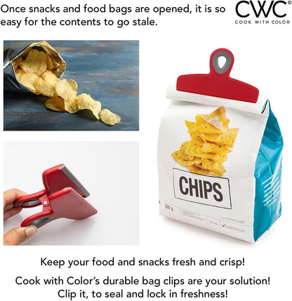 COOK WITH COLOR Bag Clips - Heavy Duty Chip Clip and Refrigerator Magnet Clips for Food Storage with Air Tight Seal Grip, Red, Pack of 4 Large Clips