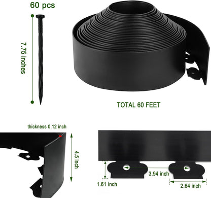 Hugeleaf 4.5 Inch Tall Landscape Edging 60 Feet Garden Edging with 60 Spikes, Plastic Landscape Border Edging for Landscaping Lawn, Flower Beds(Black)
