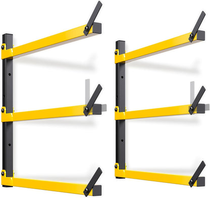 GREENER Lumber Storage Rack Folding Wood Storage Racks Wall-Mounted Metal Racks for Storage with 3-Level Heavy Duty Garage Wood Organizer for Woodworking Shop Indoor & Outdoor Use, 2 pairs,Yellow