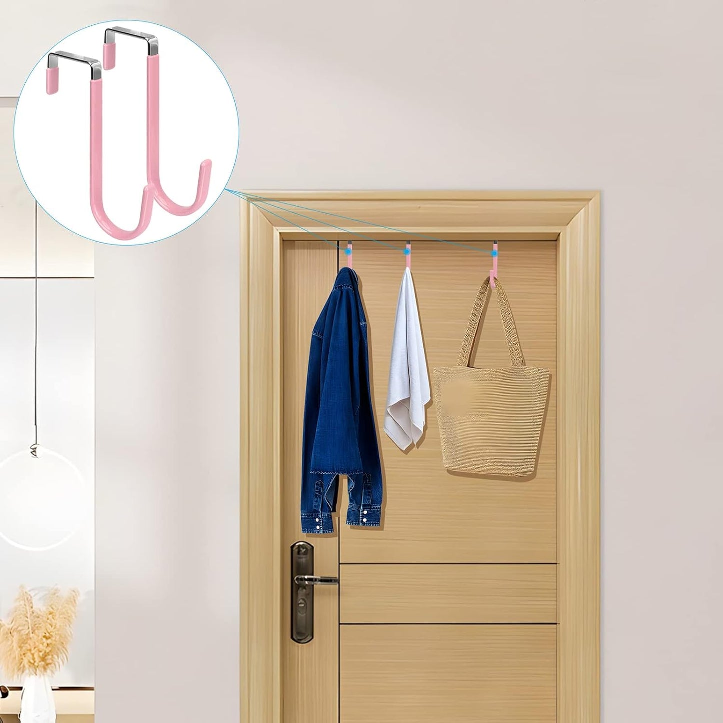 FYY Over The Door Hooks, 4 Pack Door Hangers Hooks with Rubber Prevent Scratches Heavy Duty Organizer Hooks for Living Room, Bathroom, Bedroom Hanging Clothes, Towels, Hats, Coats, Bags Pink