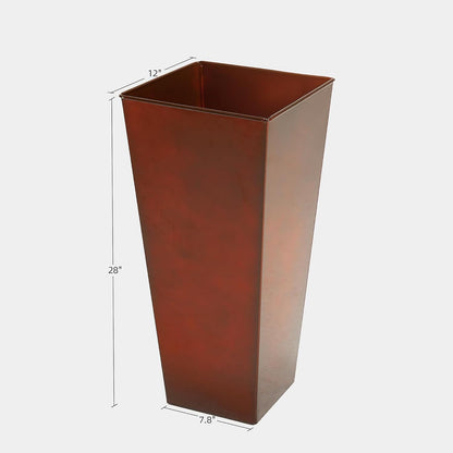 KOL 28''H. Tall Galvanized Steel Glazed Planter with Saucer, Set of 2, Planter Pots with Insert for Indoor & Outdoor Use, Decorative Flower Plant Pots for Front Porch, Patio, Deck - Reddish Brown