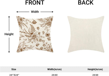 CXMEIFLY Spring Floral Leaves Pillow Covers 24 x 24 Inch Set of 2 for Chinoiserie Flowers Decor Throw Pillows Brown and White Seasonal Plant Outdoor Decorative Cushion Cases for Couch Bed Decorations