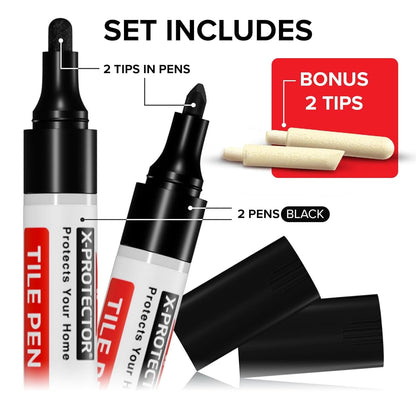 X-Protector Pen for Grout - 2 PCS, Black - Ideal Grout Paint Pens to Make Grout Black Again - Premium Grout Renew Pen with 2 Tips Types - Make Your Grouts Perfect Again!