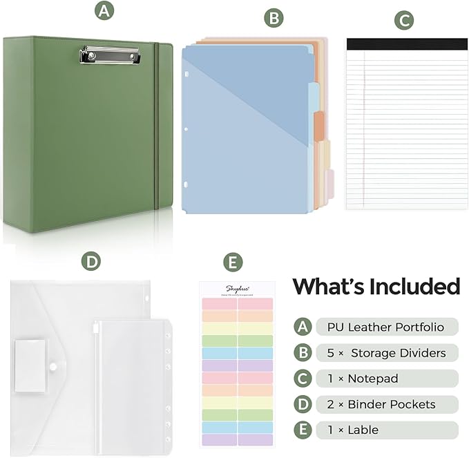 SKYDUE 3 Ring Binder 3 Inch D Ringr with Clipboard, PU Heavy Duty Clipboard Binder with Notepad & 5 Dividers with 5 Pockets, Labels, Clipboard Folder Great for School Office