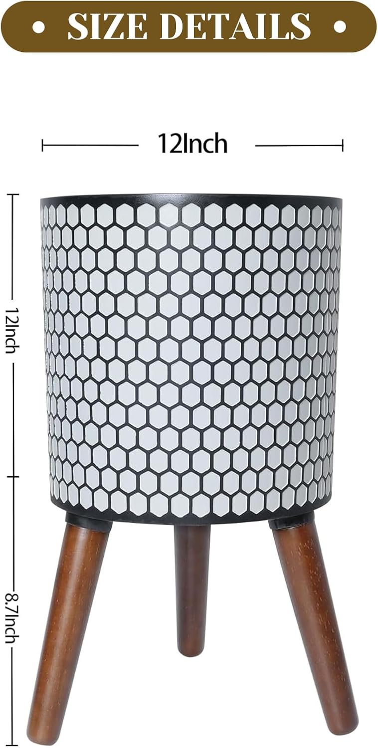 Flower Pot with Legs Tall Flower Pot with Drainage Holes for Indoor and Outdoor Decorative Planting (White Black Honeycomb, 12 Inches)