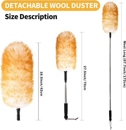 Lambswool Extendable Duster,67.7Inch Telescoping Feather Dusters with Stainless Steel Extension Pole for Cleaning High Ceiling Fan, High Ceilings,Furniture