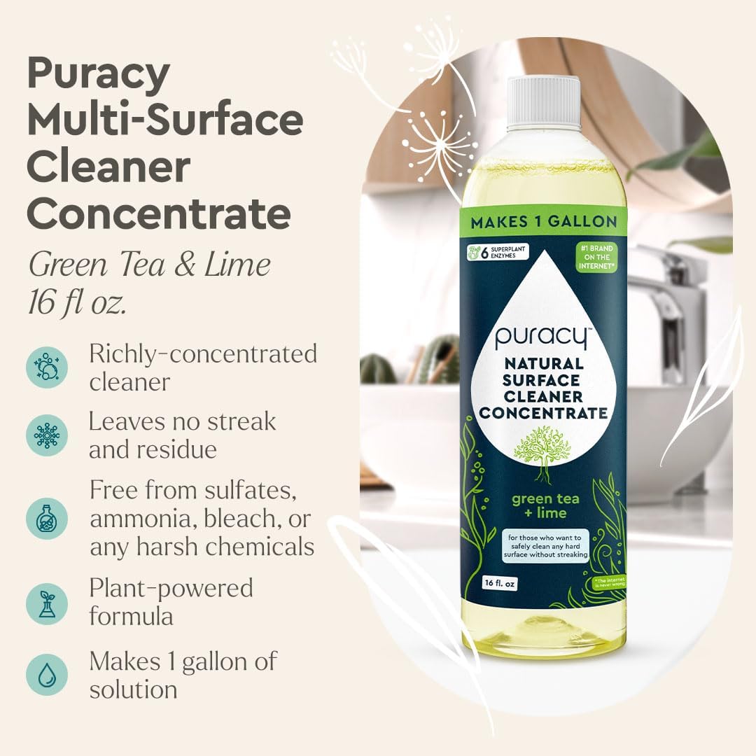 Puracy 99.9% Natural All Purpose Cleaner Concentrate - Makes 128oz Multi Purpose Cleaner - Green Tea & Lime - Surface Cleaner, Floor Cleaner, Kitchen, Cleaner, Bathroom Cleaner - Cleaning supplies