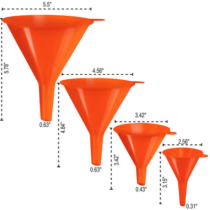 Oil Funnel Set (Orange, 4-Pack) – Plastic Funnels for Automotive Use – Funnels for Kitchen Use Filling Bottles and containers – Funnel for Water Bottles, Gas, Car Oil, Lubricants and Fluids