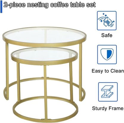 Gold Nesting Coffee Table Set of 2, Small Glass Nesting Tables for Living Room Bedroom, Accent Tea Table with Metal Frame